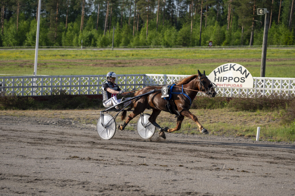 Ravihevonen ja ohjastaja Hiekan Hippoksen radalla.