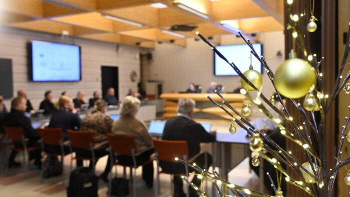 Huone, jossa istuu henkilöitä puoliympyrän muodossa. Etualalla kuvassa oksia, joissa joulukoristeita.